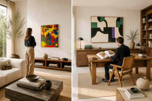 Collectors interacting with abstract art in warm contemporary interiors by And-Art Works.
