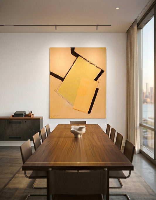 Abstract painting by Annabel Andrews displayed in a modern meeting room, geometric artwork in orange and ochre tones