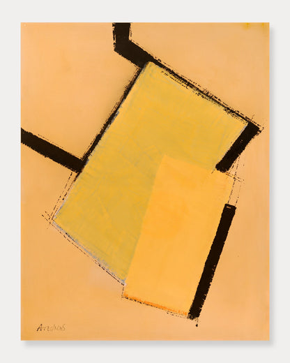 Large abstract painting in orange and ochre by Annabel Andrews, geometric minimalist artwork on canvas